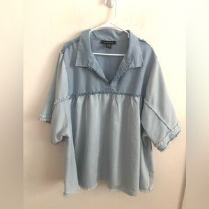Ashley Stewart Blouse Washed Blue Babydoll 22/24 Boxy Frayed Trim Casual Boho